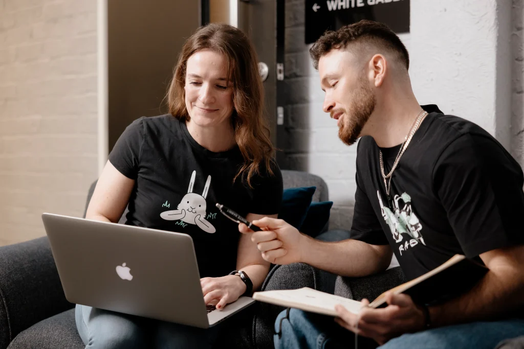 White rabbit team working on laptop on CMS platform