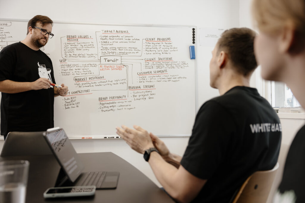 White rabbit team discussing two tone packaging design 