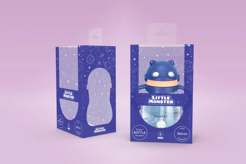 baby drink bottle packaging design with purple background