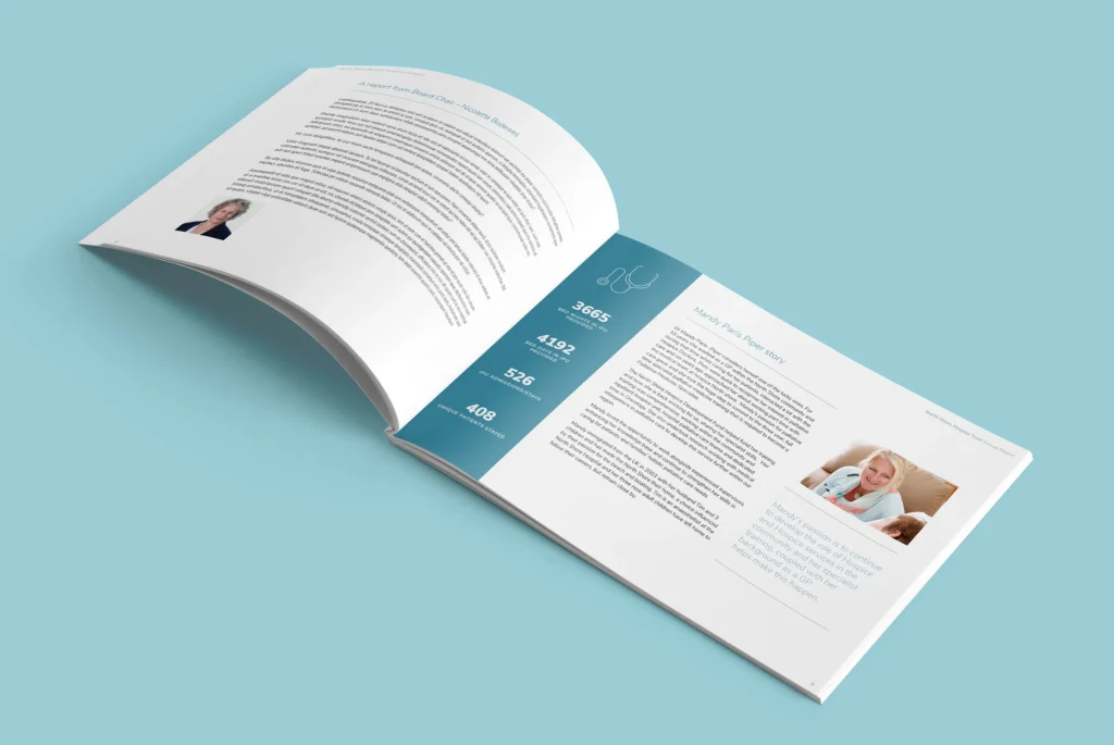 Harbour hospice annual report design on blue background 